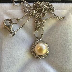 Natural Pearl with natural diamonds  halo Pendant Necklace